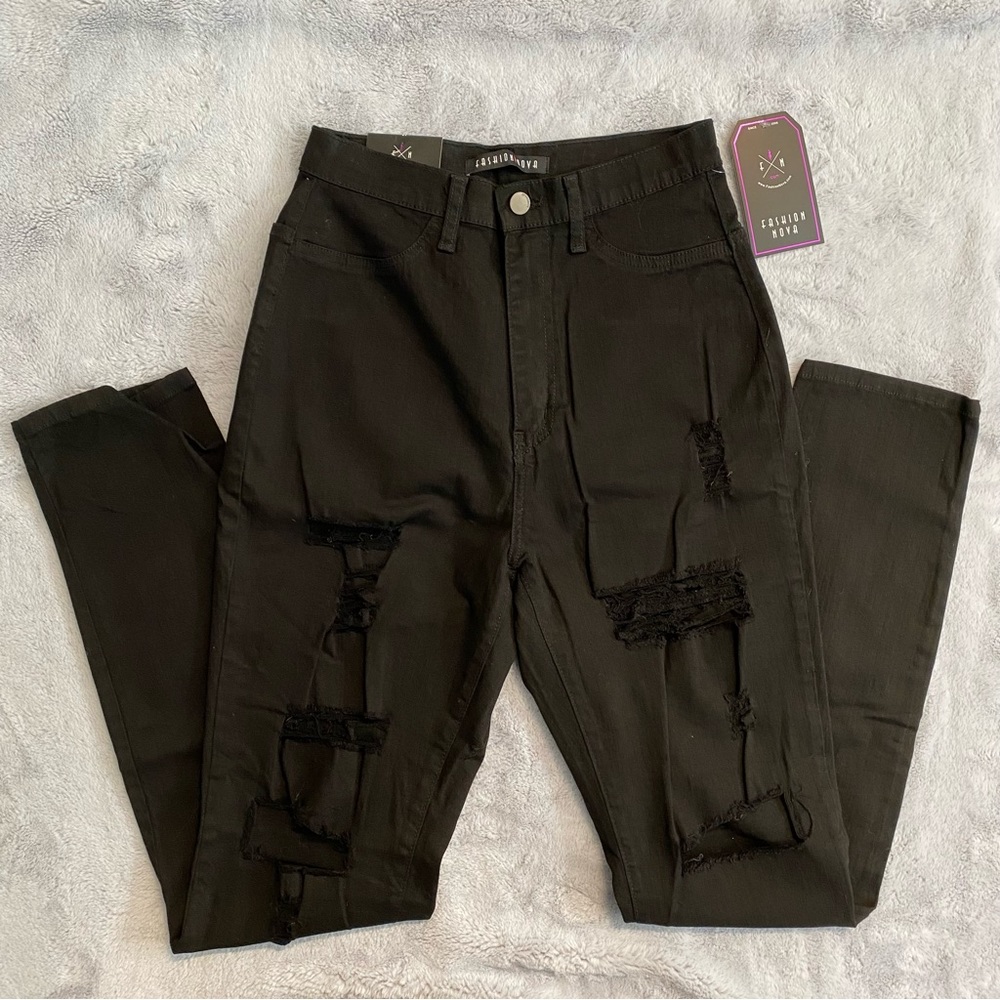 Fashion Nova Black High Waisted Distressed Ripped Jeans Size 13 Aphrodite Jeans